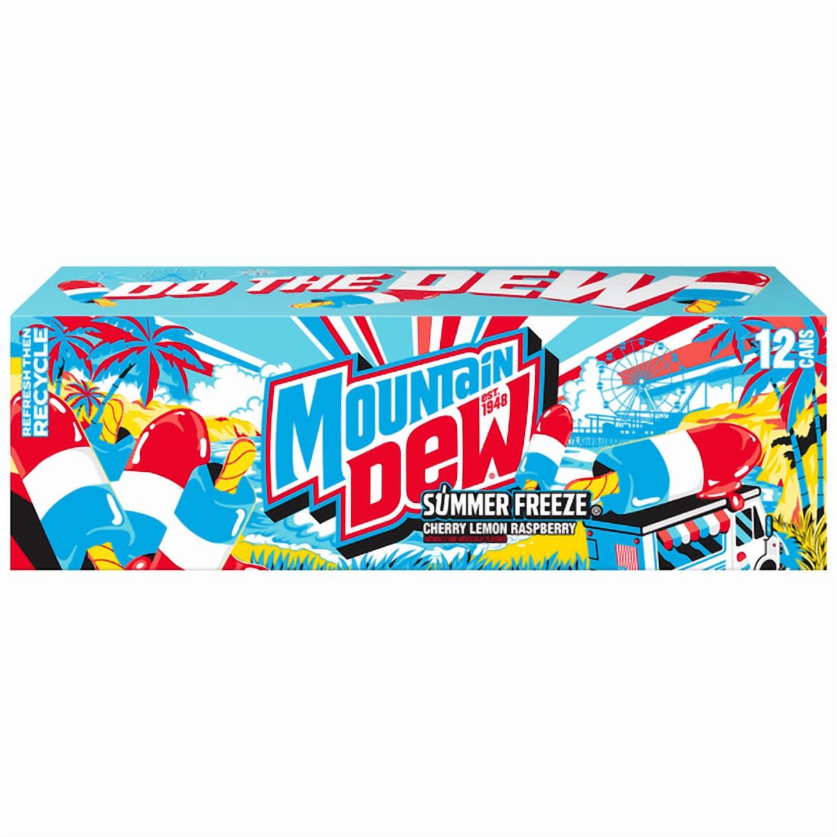 Mountain Dew Summer Freeze Soda, 12 fl oz Cans, 12 Pack – Limited Edition Red, White & Blue Flavor