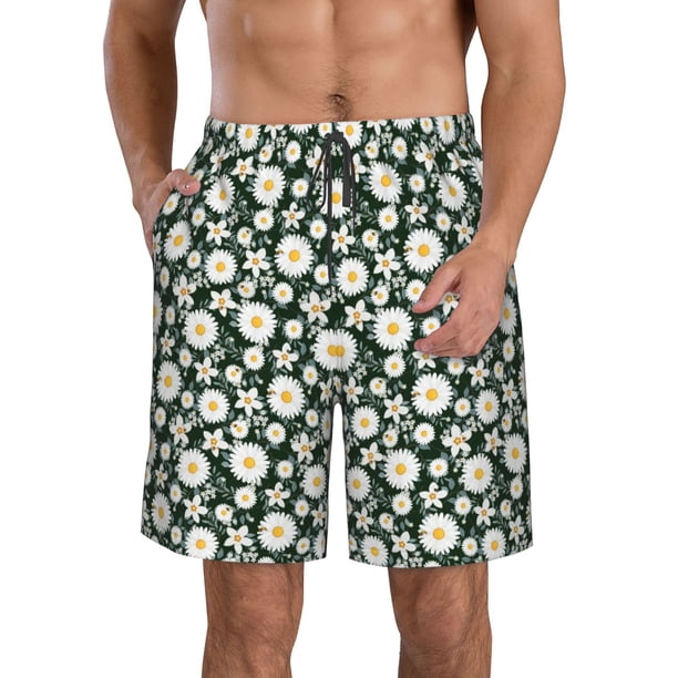 Fotbe White Daisies and Bee Trajes de Baño Estampados para Hombre, Shorts de Verano de Secado Rápido, Ropa de Playa, Bañadores-Large