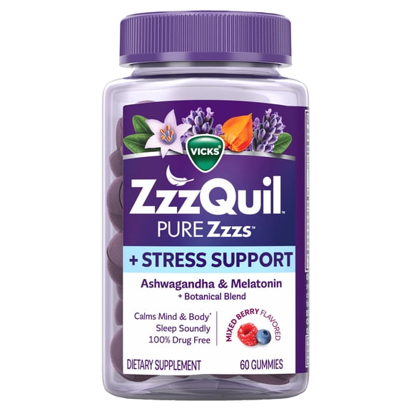 ZzzQuil PURE Zzzs Melatonin Sleep Aid Gummies with Ashwagandha for Adults, 1mg, 60 Count