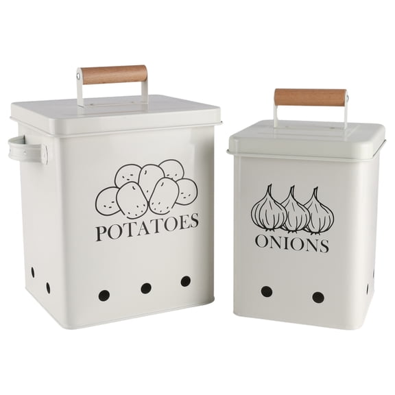 Pethiy 2-Piece Metal Potato Onion Storage Set, Kitchen Vegetable Bins with Aerating Holes & Lids, Pantry Organizers for Long Shelf Life - White