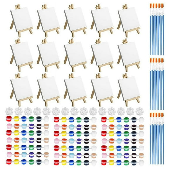 15 Set Mini Canvas and Easel Set, 4 X 4 Inch Mini Canvas and Stretched Easel   Acrylic Paints   Brushes   Palettes