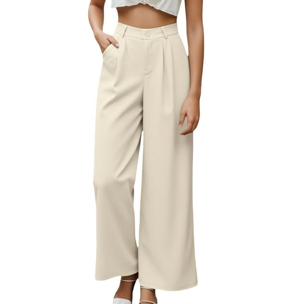 Pantalones de vestir de mujer de cintura alta y pierna ancha: pantalones informales de negocios con bolsillos, mezcla de poliéster y elastano, ropa de trabajo resistente a las arrugas