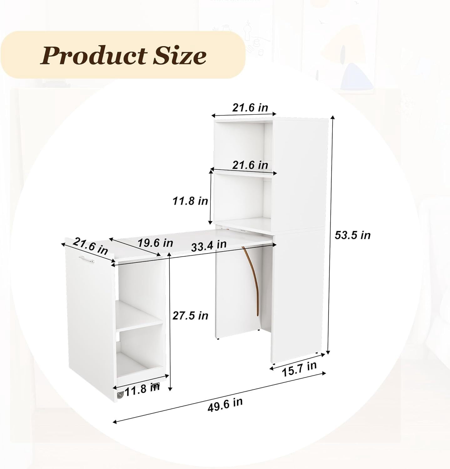 Montary Mobile L-Shaped Desk with Shelves & Wheels, Foldable & Expandable Office Desk for Small Spaces (White)