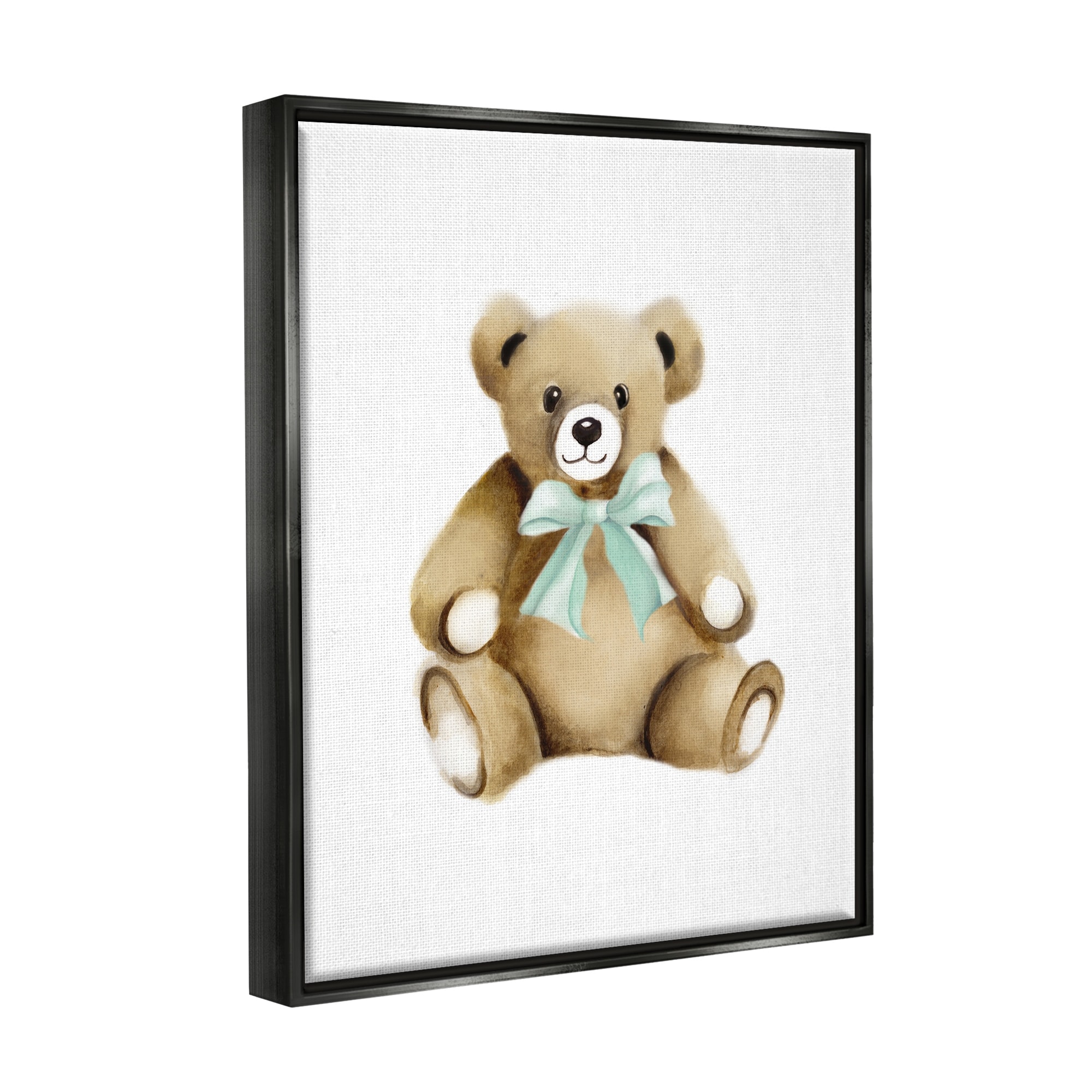 Stupell Industries Smiling Teddy Bear Bow Stuffed Animal Sitting Graphic Art Jet Black Floating Framed Canvas Print Wall Art, Design by Studio Q