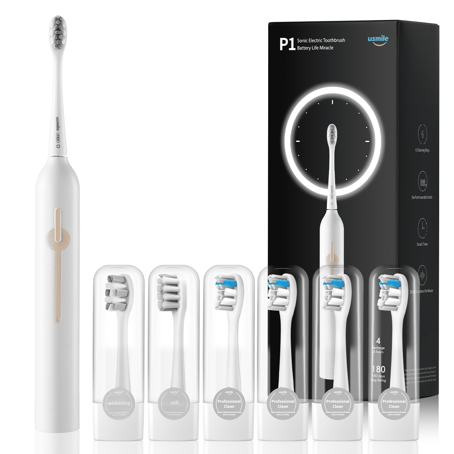 usmile Electric Toothbrush with 6 Brush Heads for Adults, Rechargeable  Toothbrush with 3 Modes, 2 Mins Smart Timer, 4-Hour Fast Charge for 6  Months, P1 White - Walmart.com