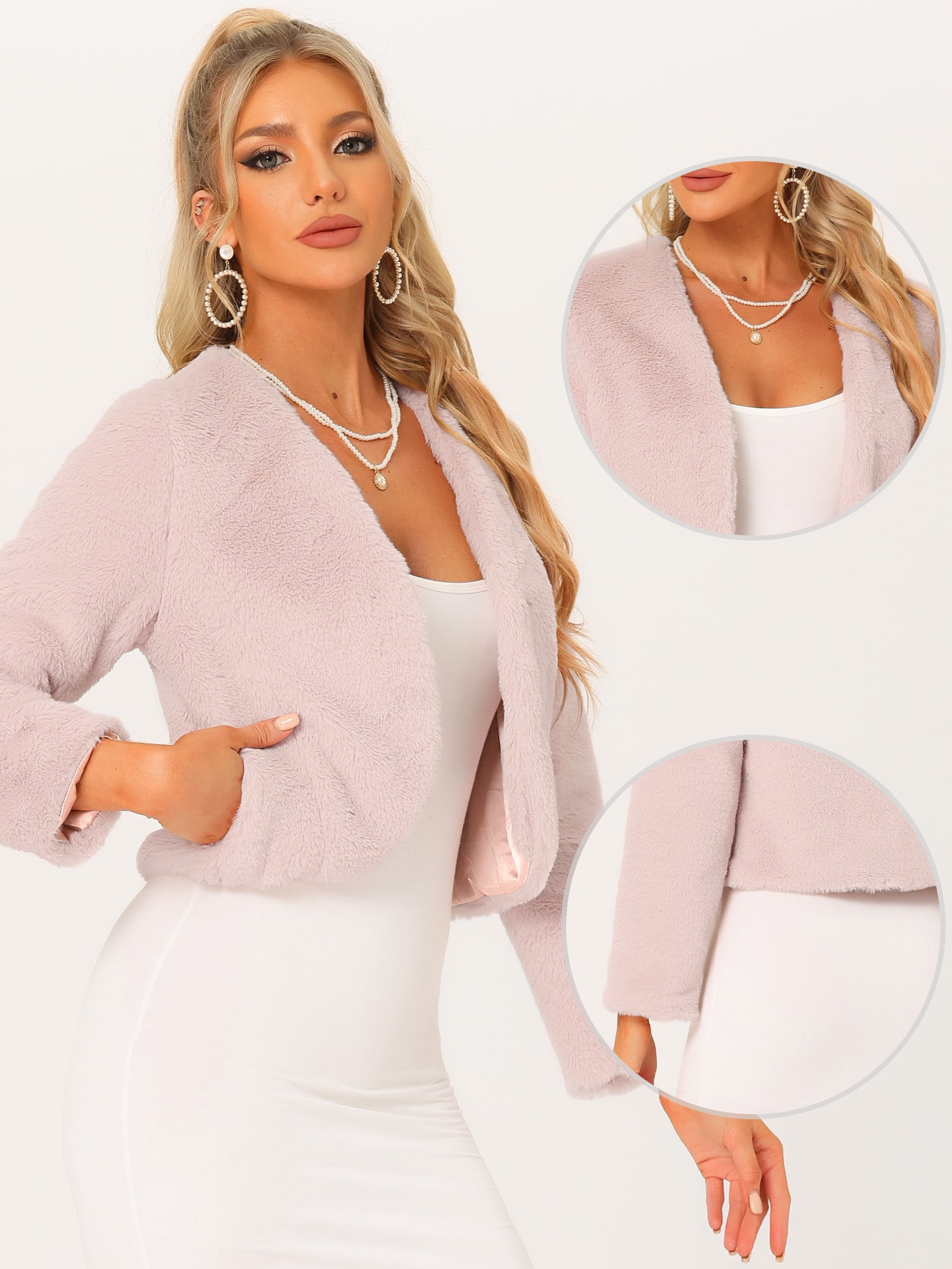 DARING DIVA Women's Faux Fur Cropped Open Front Jacket Bolero Coat M Pink