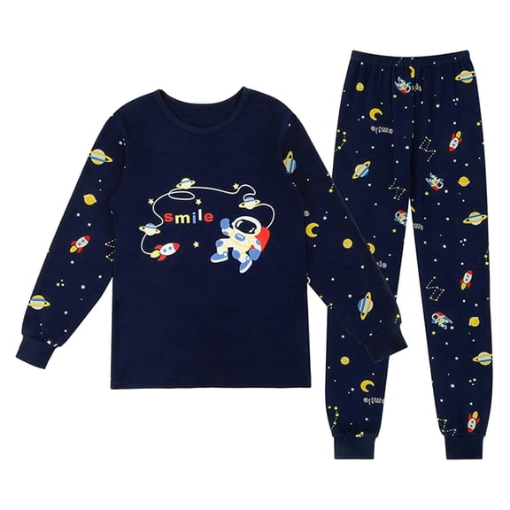 RUTAYY Boys Pajama Set Long Sleeve Crew Neck Long Pants Space Astronaut Cartoon Graphic Children Loungewear