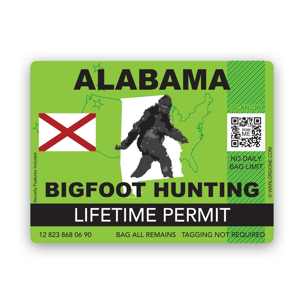 Alabama Bigfoot Hunting Permit Sticker Decal Self Adhesive Vinyl