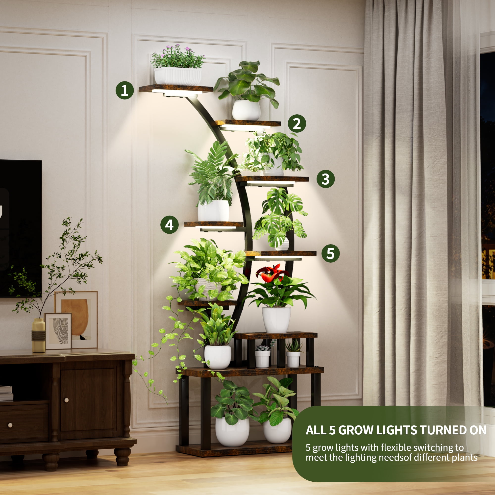 9-Tier Indoor Metal Plant Stand with 5 Full Spectrum Grow Lights, 3 Lighting Modes, 10 Brightness Levels & 3 Timer Settings, Stable Half-Moon Plant Display Shelf for Home Garden Decor
