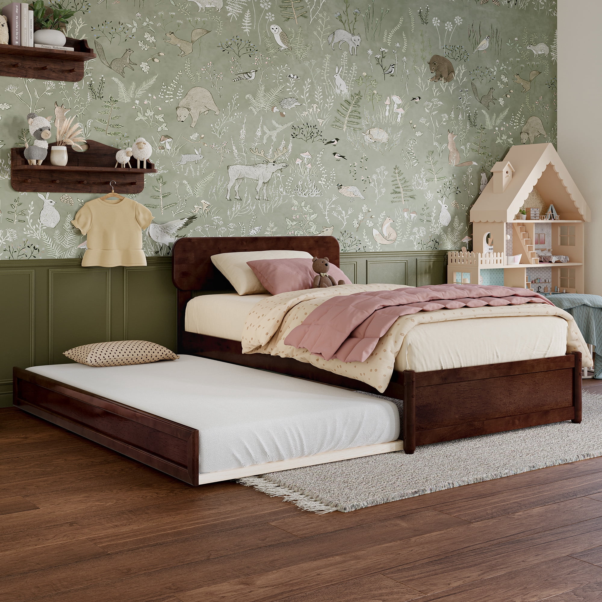 AFI Capri Twin Solid Wood Platform Bed with Panel Footboard and Twin Trundle, Walnut