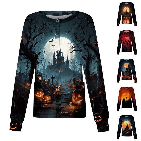 IYYVV Women'S Halloween Nurse Jacket Fun Skeleton Scrubs Pattern Long Sleeve Scrubs Tops Pumpkin Spiders Medical Nurse Working Uniforms Black 3XL