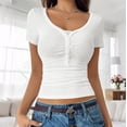 thumbnail image 4 of FRSASU Womens Short Sleeve Shirts V Neck Rib Knit Slim Fit Tops Casual Stretch Basic Tee Going Out Top Summer Fashion White, 4 of 6