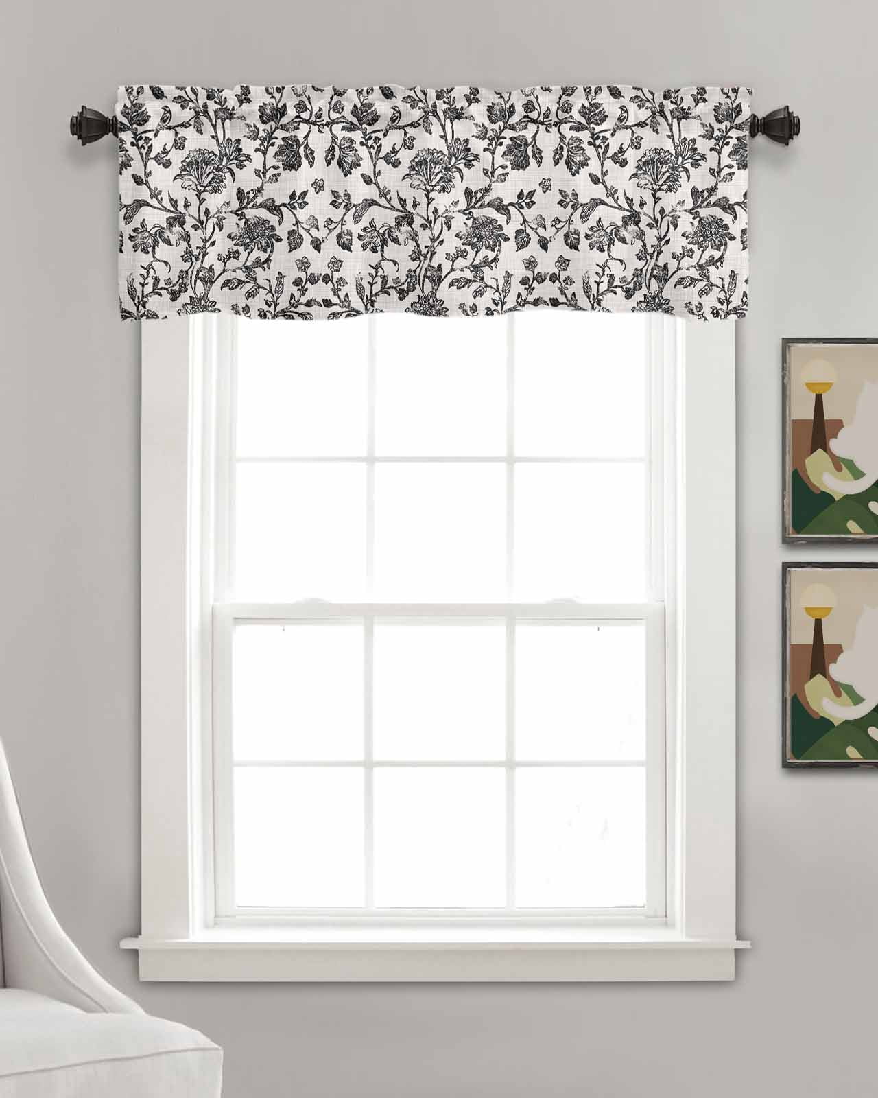 Farmhouse Black Kitchen Valances for Windows Farmhouse Linen Window Valance Curtain for Living Room Window Treatment Vintage Flower Leaf Botanical Plant Valance Rod Pocket Topper Drape, 54 x 18 Inch