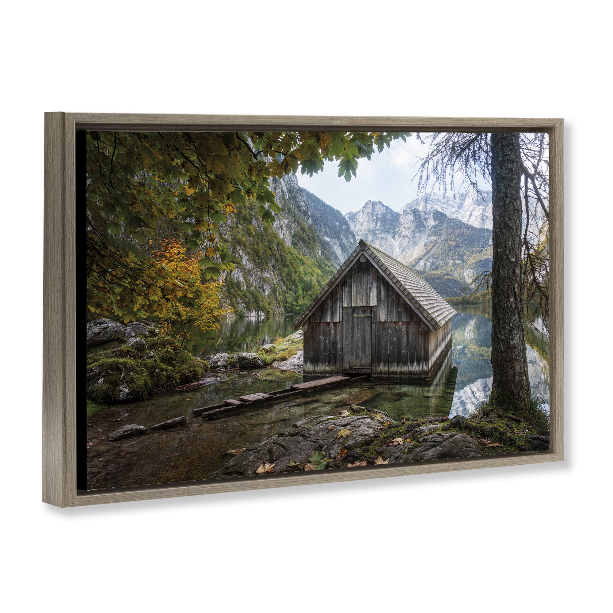 Stupell Industries Mystical Cabin on Lake Landscape & Nature Photography Brown Floater Framed Canvas Art Print Wall Art, 31 x 21