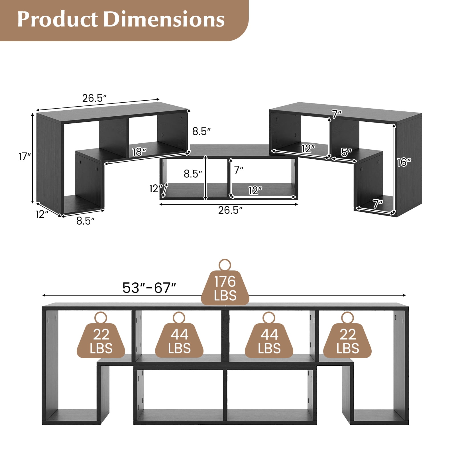 Costway 3 PCS TV Stand for TV's up To 65" Console Entertainment Center Bookcase Shelves Black Wood