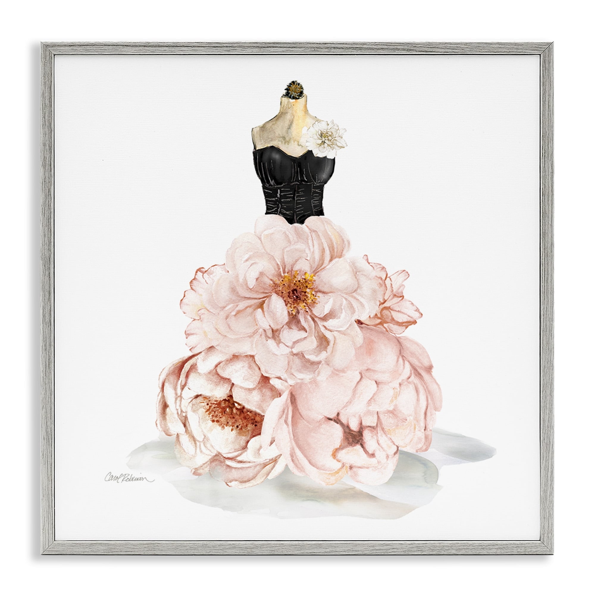 Pink Peonies Floral Dress Black Corset Fashion Mannequin Beauty & Fashion Framed Art Print Wall Art, 17x17