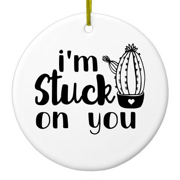 DistinctInk Hanging Ceramic Christmass Tree Ornament with Gold String - Great Gift / Present - 2 3/4 inch diameter - I'm Stuck On You Cactus