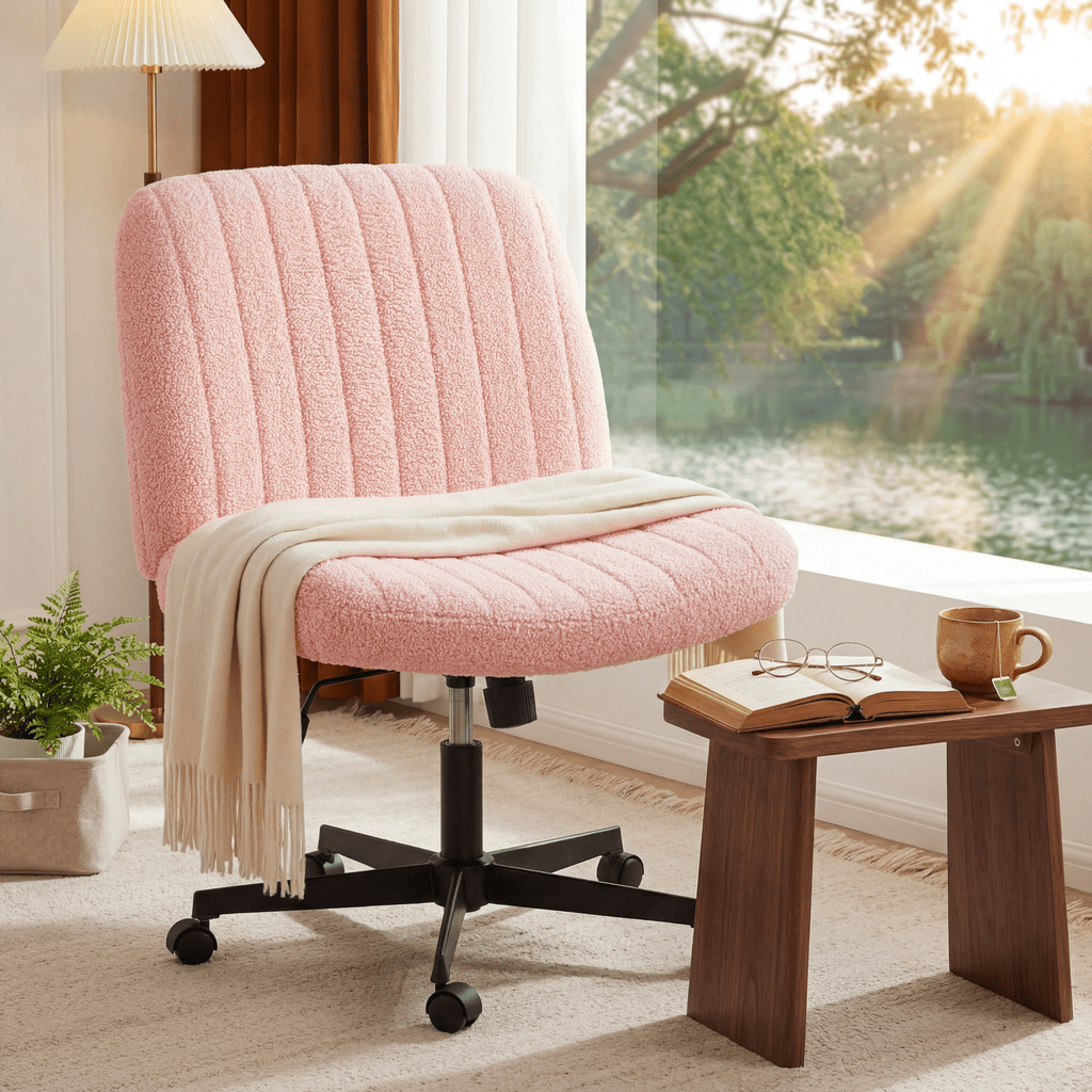 Armless Criss Cross Legged Office Chair, Desk Chair No Wheels, Teddy Fabric, Pink