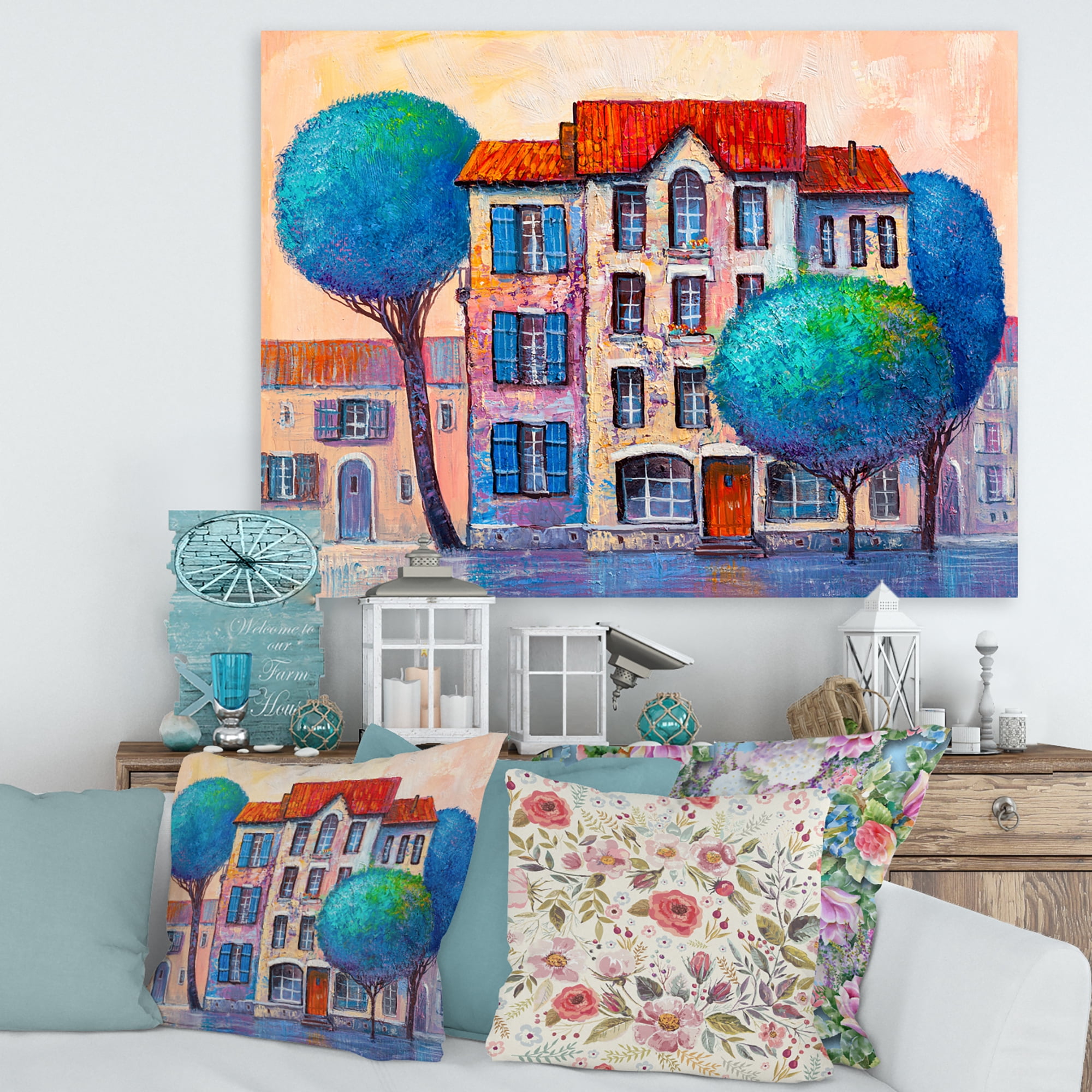 Designart ' Colorful Autumn Trees and A House With Red Roof ' Modern Canvas Wall Art Print