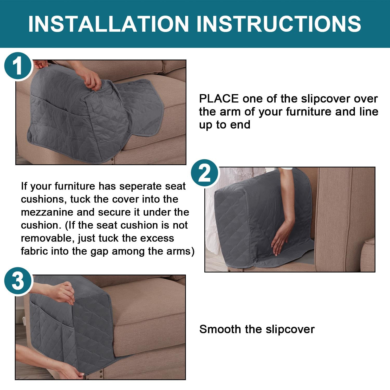 2 Pack Waterproof Armrest Covers Couch for Chairs and Sofas Couch Arm Covers with Side Pocket, Non-Slip Armrest Protectors Washable Armrest Slipcover (Gray)