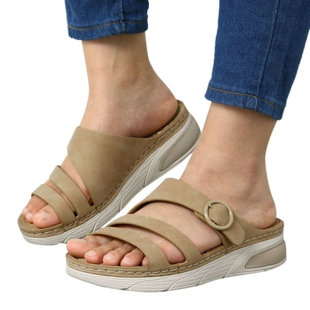 

ZIZOCWA Wedge Heeled Sandals Women 2023 New Summer Shoes Women Elegant Low Heels Slippers Zapatos Mujer Open Toe Buckle Sandals Female Khaki Size8.5