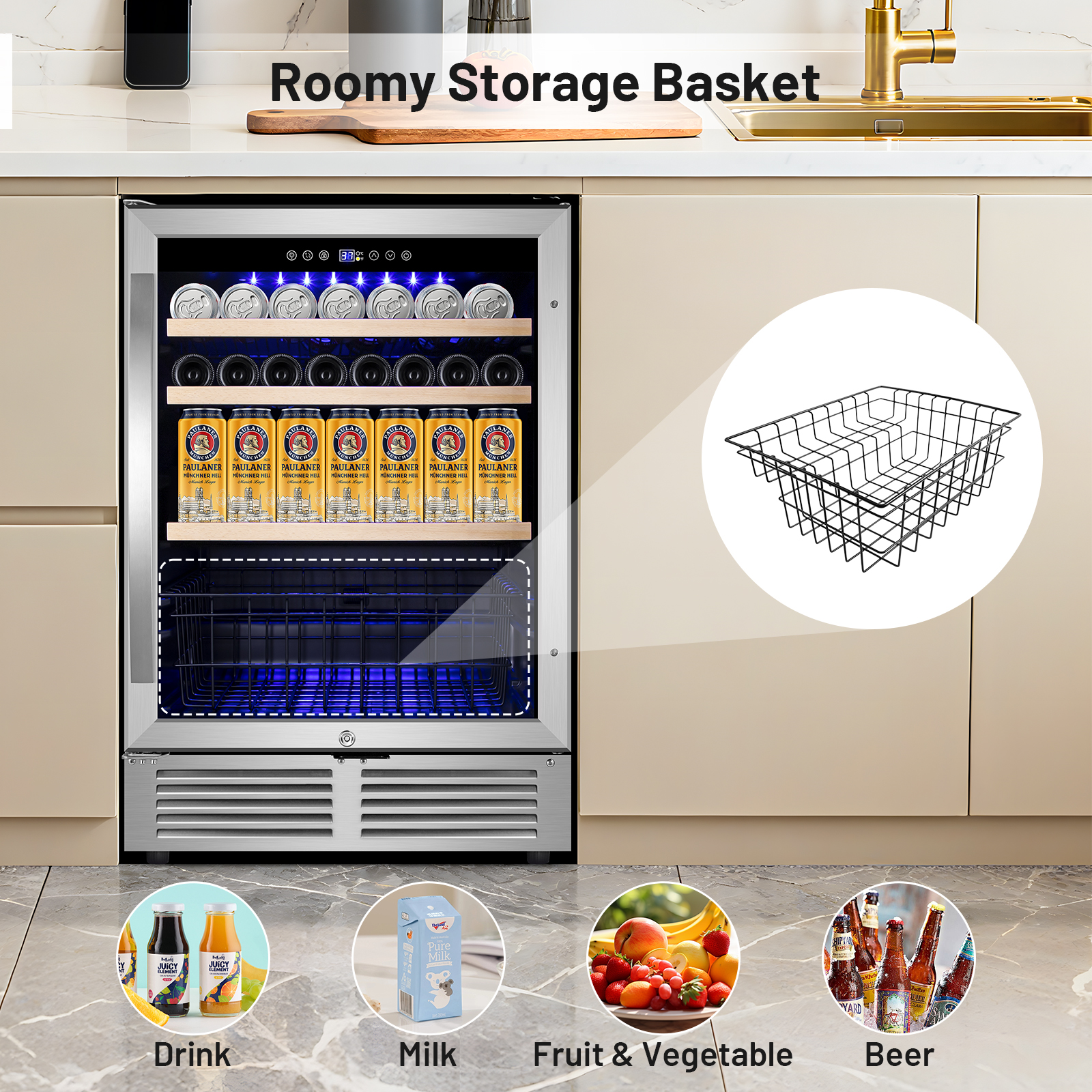 24" Beverage Refrigerator - 180 Can Capacity, Reversible Door, Built-In or Freestanding Beer Fridge, Soda & Drink Cooler