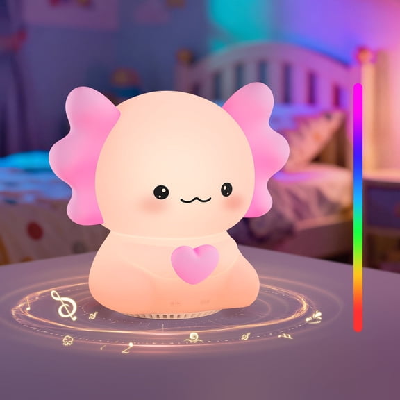 Axolotl Night Light with Sound Machine, Pink Silicone Touch Lamp, Wireless Speaker, Remote Control, Soft Touch, Baby Room Lamp