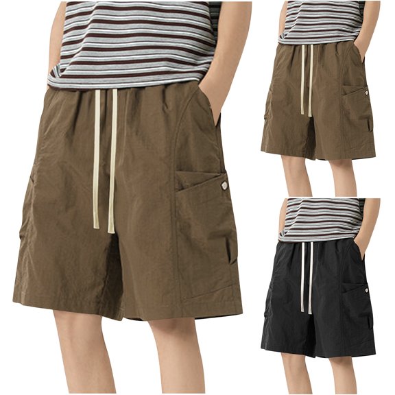 TKYCMSUAKI Men's Big and Tall Shorts Lightweight Elastic Waisted Drawstring Cargo Short Summer Baggy Solid Color Wide Leg Shorts with Pockets