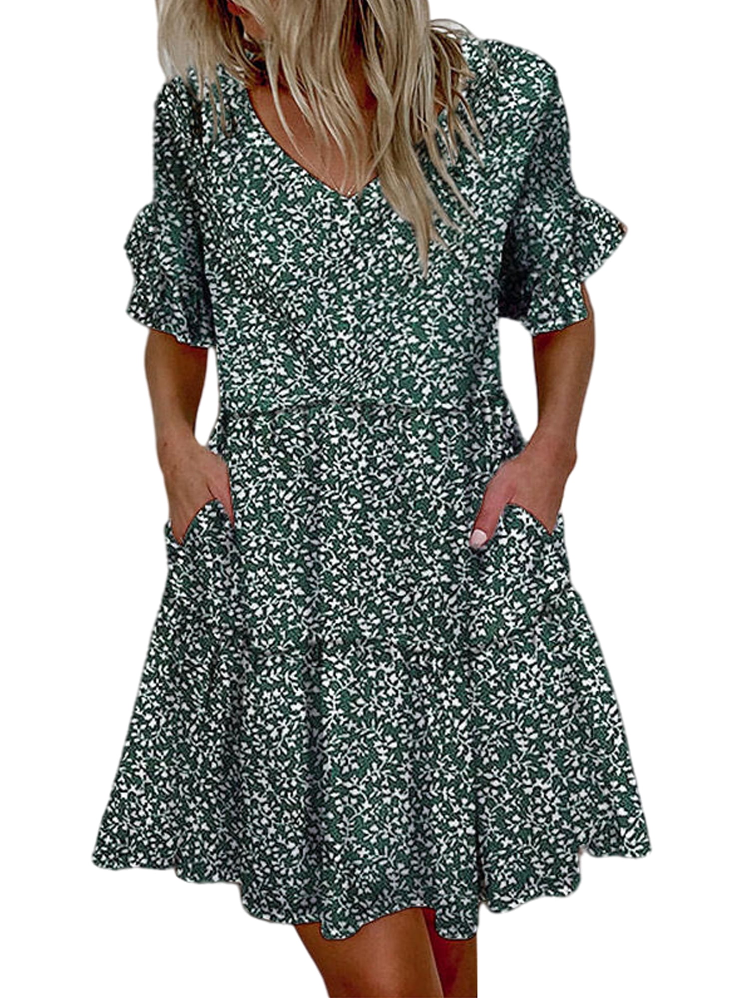 UKAP Women Baby Doll Dress Summer Casual Party Dress Pleated Flowy Swing Short Sleeve V Neck