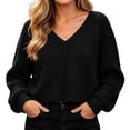 thumbnail image 5 of Sweaters for Women Zaewscy Women V Neck Waffle Knit Cropped Pullover Sweater Casual Long Sleeve Loose Fit Fall Winter Top Black L, 5 of 9