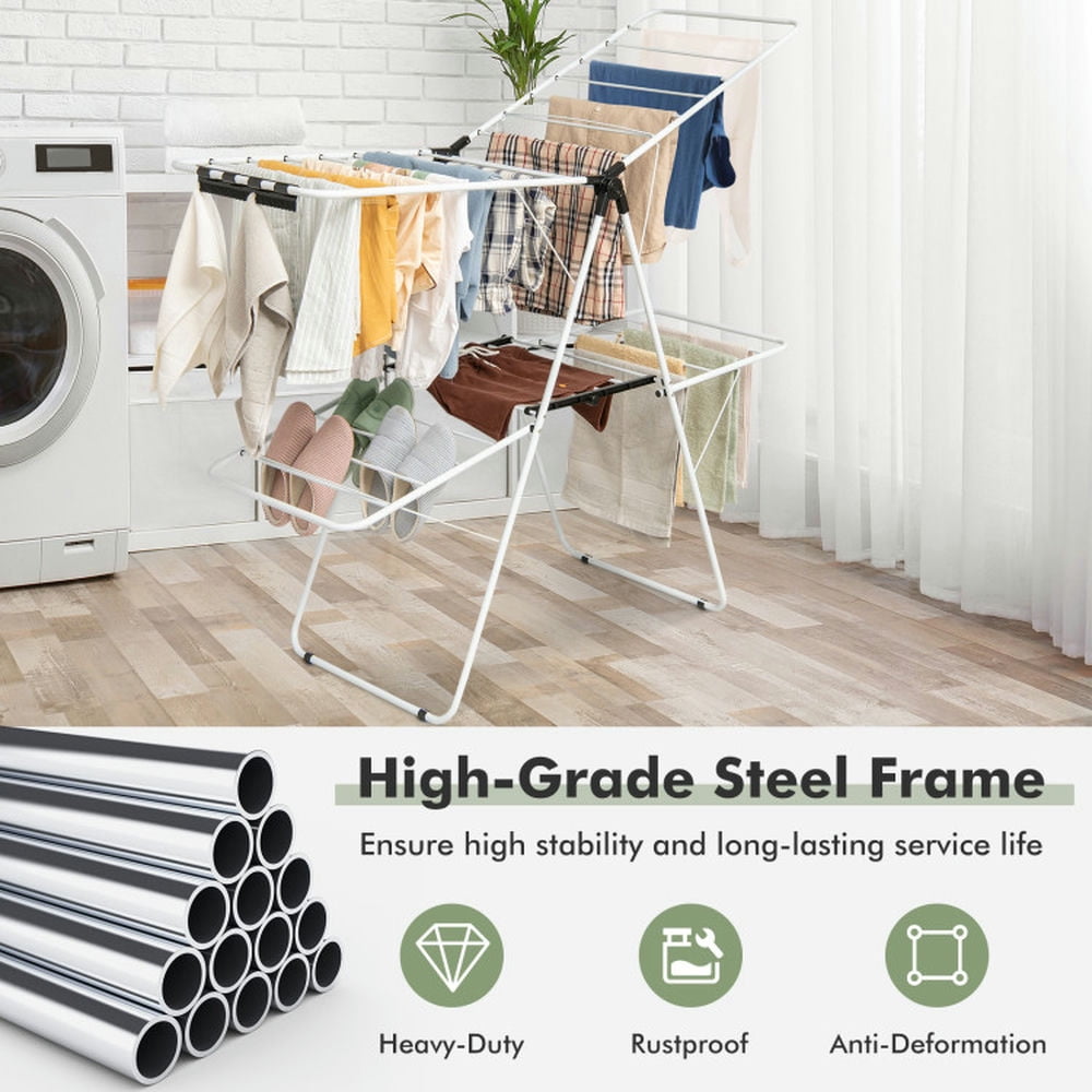 Finihen Drying Rack, Clothes Drying Rack, 2-Level Foldable Clothes Drying Rack with Adjustable Gullwing, for Indoor, Outdoor, White Finihen Drying Rack, Clothes Drying Rack, 2-Level Foldable Clothes Drying Rack with Adjustable Gullwing, for Indoor, Outdoor, White