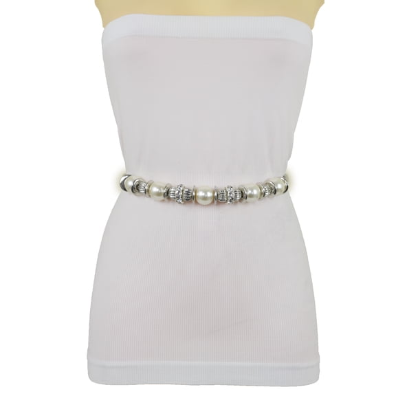 Women Silver Metal Chain Beaded Belt Bling Waistband Size S M L