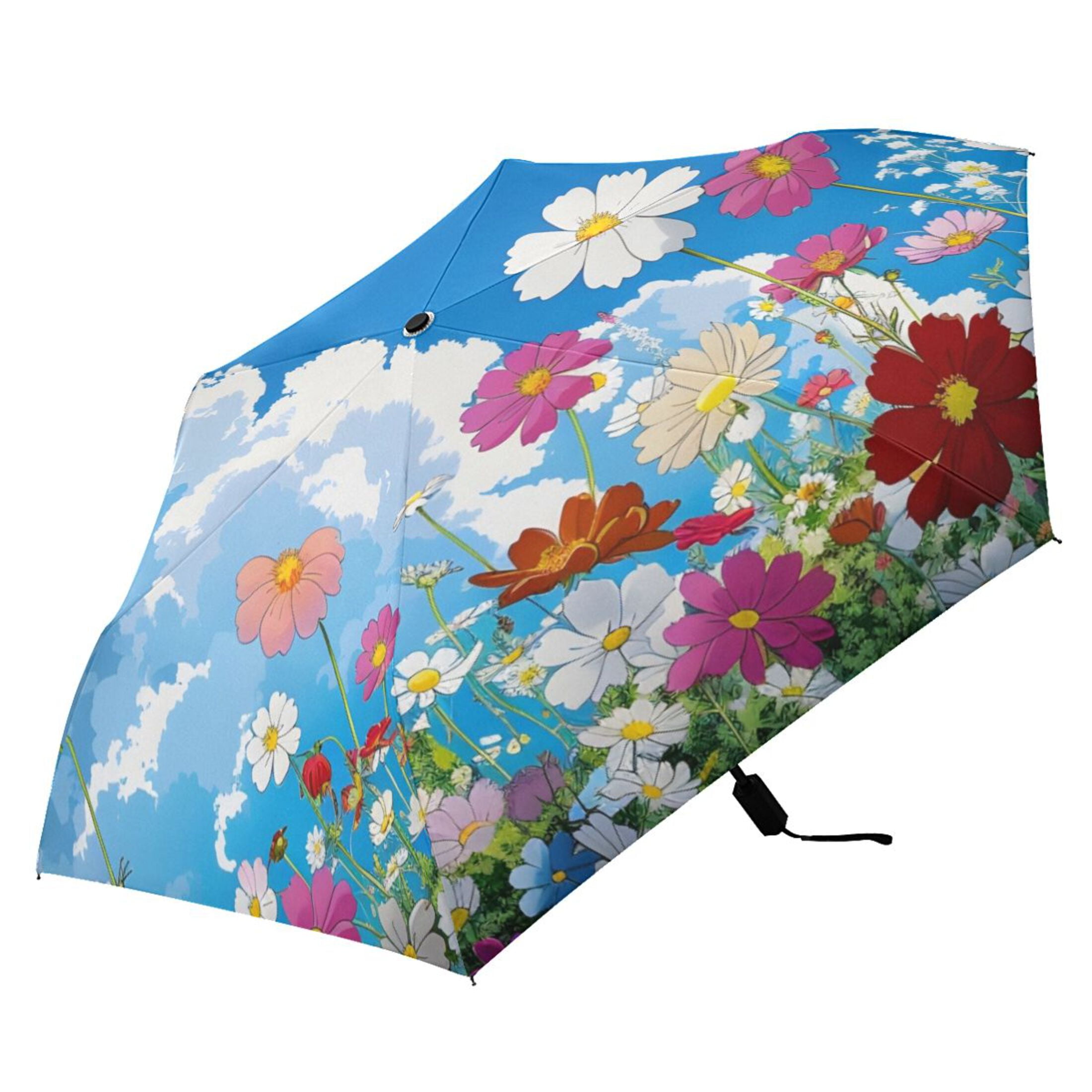 Sky Clouds Flowers All Weather Umbrella Triple Folding Parasol 6 Ribs UV Protection Portable