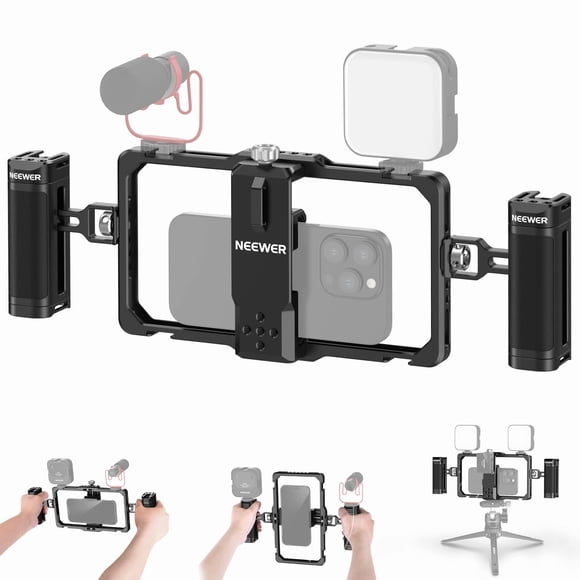 NEEWER Upgraded Phone Rig Vlogging Kit, Video Stabilizer with Dual Handle, Wireless Mic Clip Slot for TikTok YouTube, Compatible