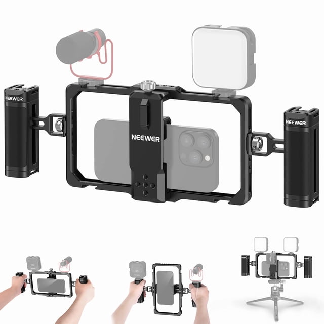 NEEWER Upgraded Phone Rig Vlogging Kit, Video Stabilizer with Dual Handle, Wireless Mic Clip Slot for TikTok YouTube, Compatible