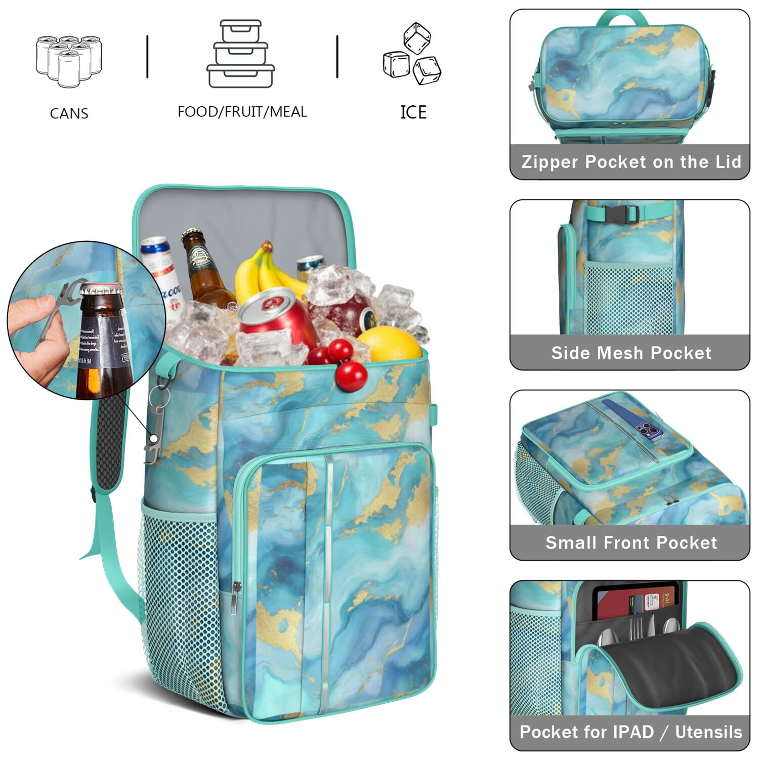 Travel Cooler Bag - Teal Gold Marble Camping Beer Cooler Backpack with Bottle Opener- Waterproof Insulated Picnic Backpacks - Cooler Bag for Beach