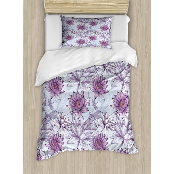 Nature Duvet Cover Set, Water Liliy and Dragonfly Patterns Garden Theme Illustration Wildlife, Decorative 2 Piece Bedding Set with 1 Pillow Shams, Twin Size, Pale Blue Pale Purple, by Ambesonne