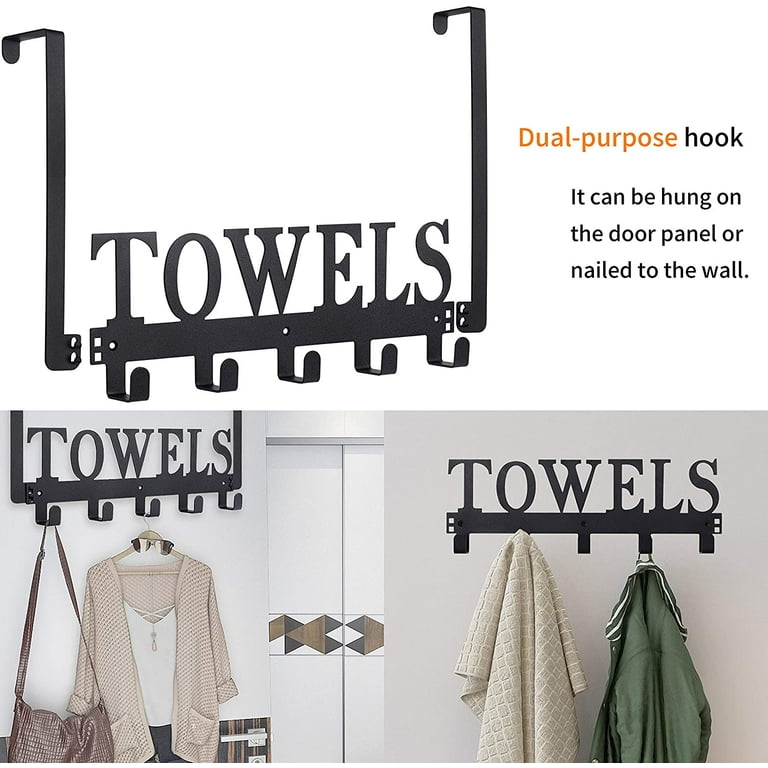 Over The Door Hooks Towel Holder for Bathroom Door Mount Towel Rack Towel Hooks for Bedroom Kitchen Pool Beach Towels Bathrobe Wall Mount Hang on The Door Cabinet Cupboard Metal Sandblasted Black