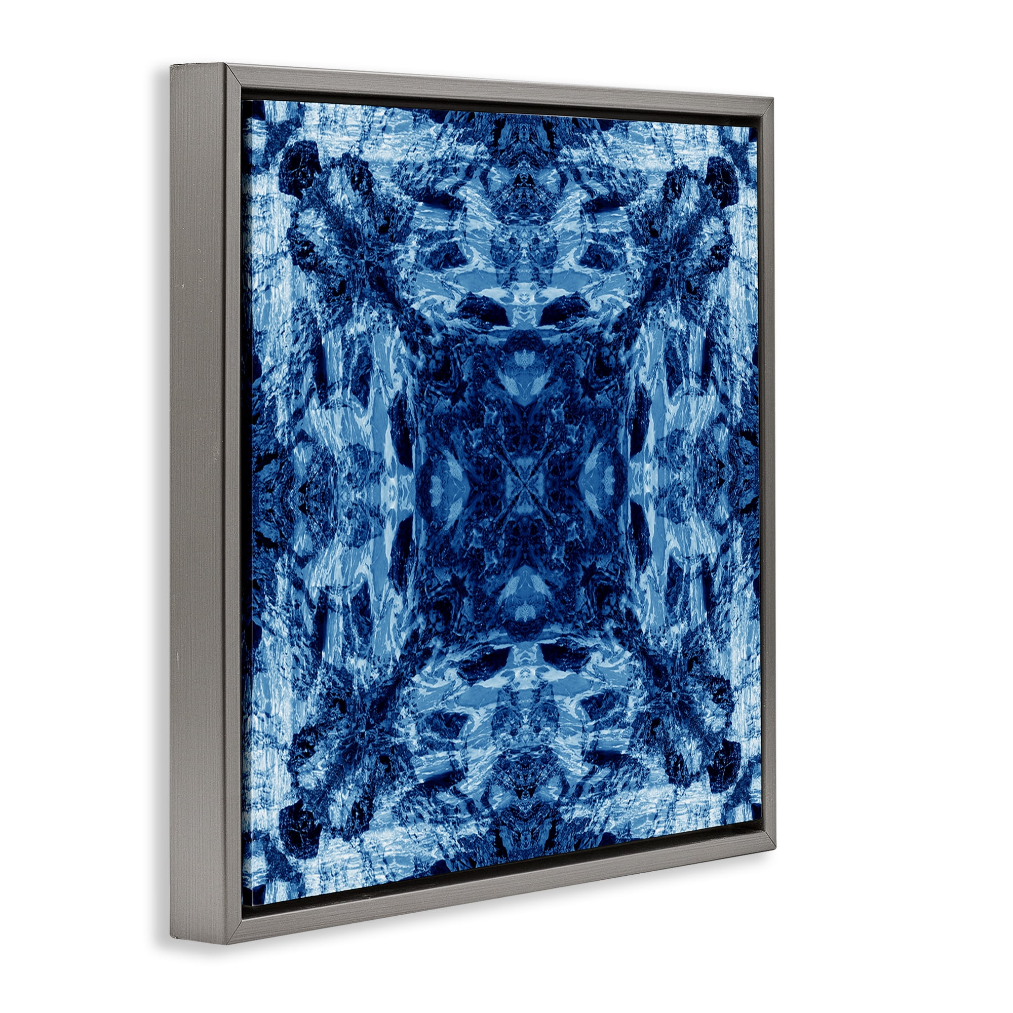 Stupell Industries Blue Tie Dye Symmetry Abstract Painting Gray Floater Framed Canvas Art Print Wall Art, 18 x 18