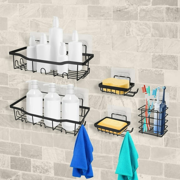 5 Pack Shower Caddy Shelves with Hooks, TeqHome Durable Rustproof Wall-Mounted Storage Shelves Soap Holder Toothbrush Holder for Shampoo Toothbrush Soap Bathroom Dorm Kitchen