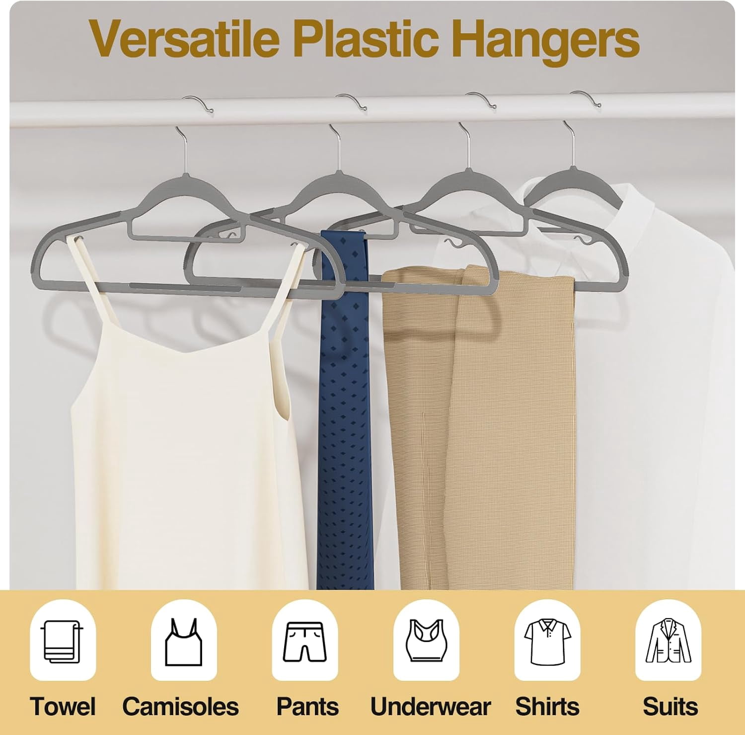 UEAKPIC Plastic Hangers 50 Pack, Heavy Duty Clothes Hangers with 360° Swivel Hook, Non-Slip, Space-Saving, Gray
