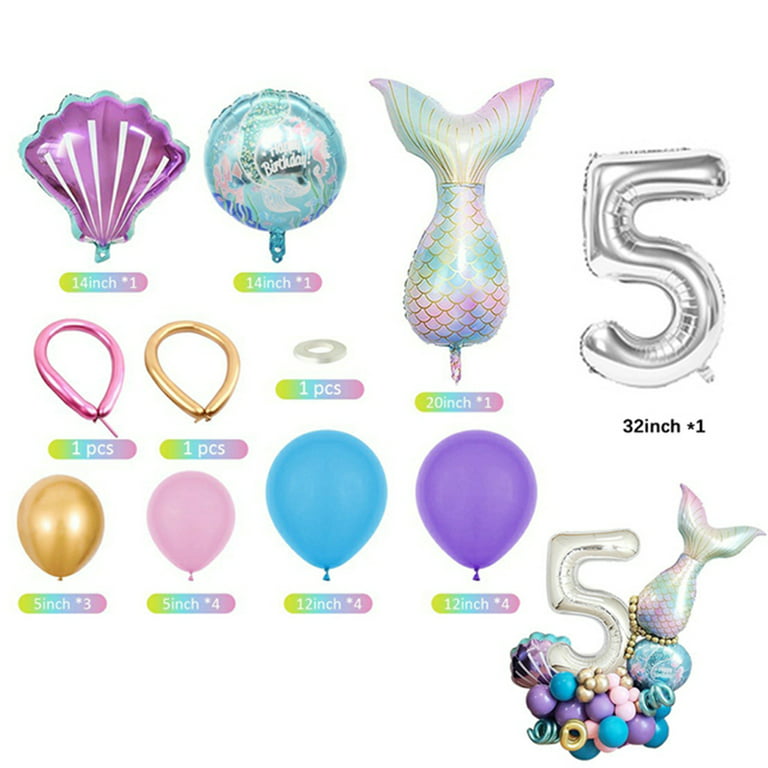 AYUQI Mermaid Birthday Decoration, Mermaid 5th Balloon Decoration Kit  Include Mermaid Tail Shell Foil Latex Balloons for Girls’ Mermaid Party  Fifth