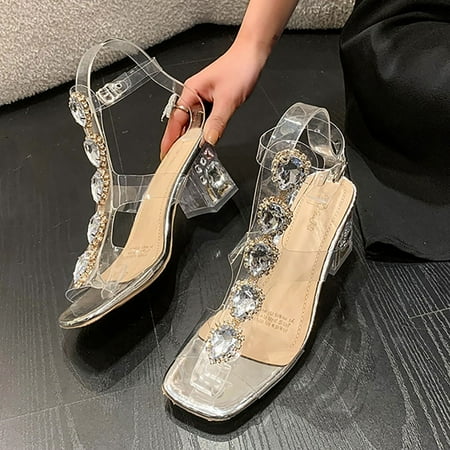 

Wedge Sandals for Women Gnobogi Women s Casual Chunky Heel Sandals Fashion Party Bright Rhinestone Heels Dresses For Women 2023 Silver