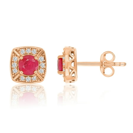 Decadence 14K Rose Gold 0.12cttw Rnd Diamonds & 4mm Rnd Ruby Cushion Studs