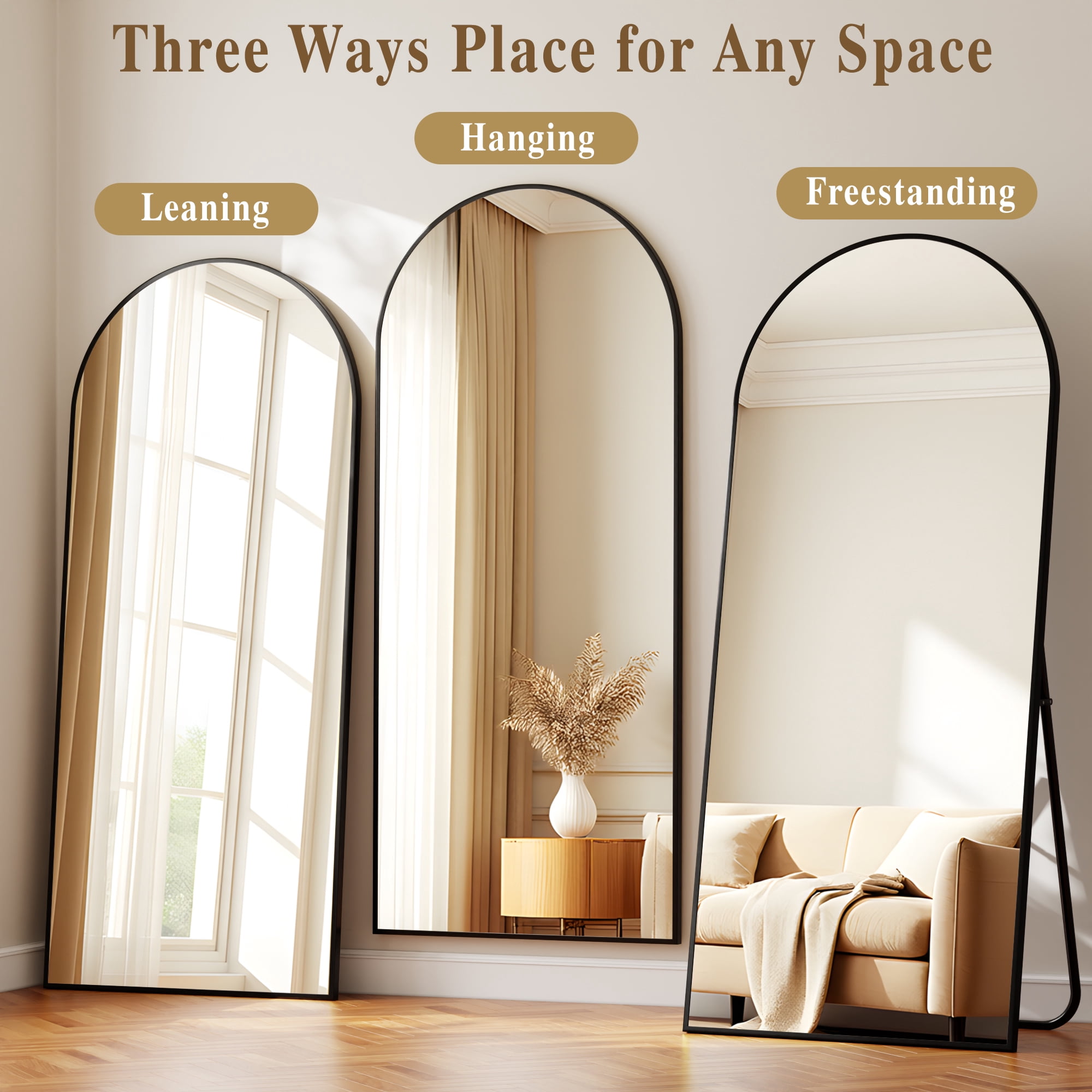 SHATTERVUE 78"x35" Arched Large Full Length Mirror Floor Mirrors Wall Mounted,Black