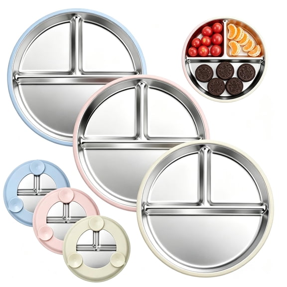 3Pcs Stainless Steel Toddler Plate with Suction, 9" Divided Dinner Plates Kids Snack Plates with Removable Silicone Sleeves, Non Slip & Dishwasher Safe, Blue/Pink/Yellow