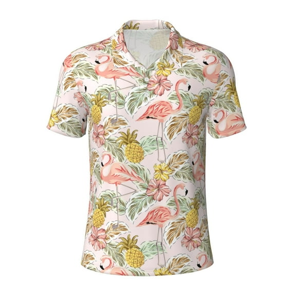 Vsdgher Tropical Flamingo Pineapple Print Men's Short Sleeve Stretch Polo Shirt, Moisture-Wicking Performance Polo Shirt