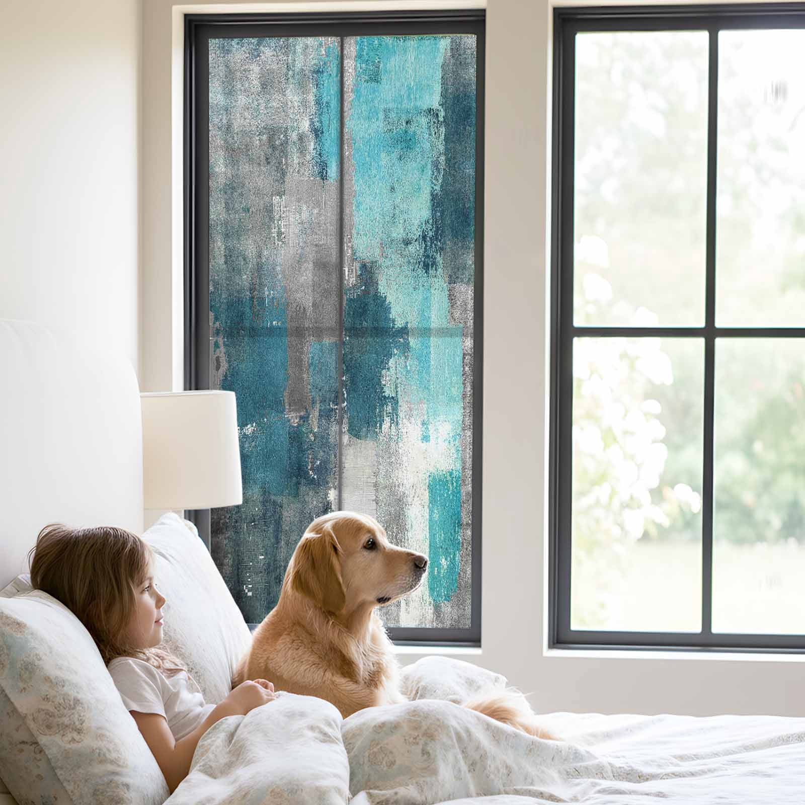 Teal Grey Privacy Window Film, Decorative Frosted Glass Window Film, Modern Oil Painted Abstract Art Aesthetics Reusable Peel and Stick Static Cling for Home Bathroom Office Glass Door 23.6"x59"