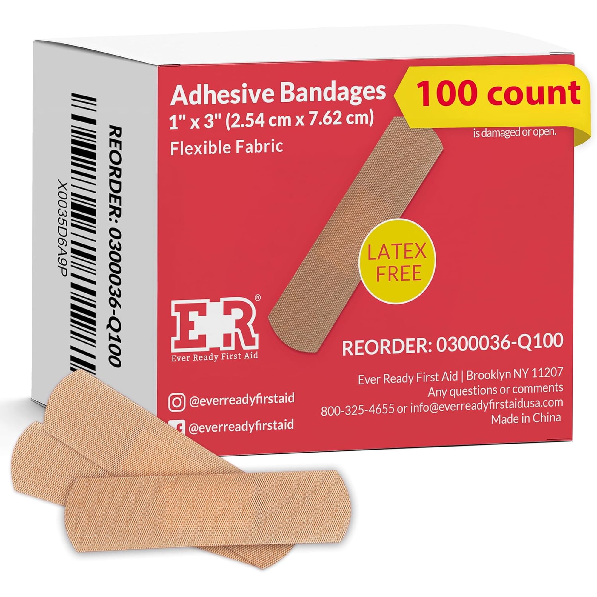 Ever Ready First Aid 1” x 3” Fabric Adhesive Bandages, Latex-Free Stretchy Strips – 100 Count