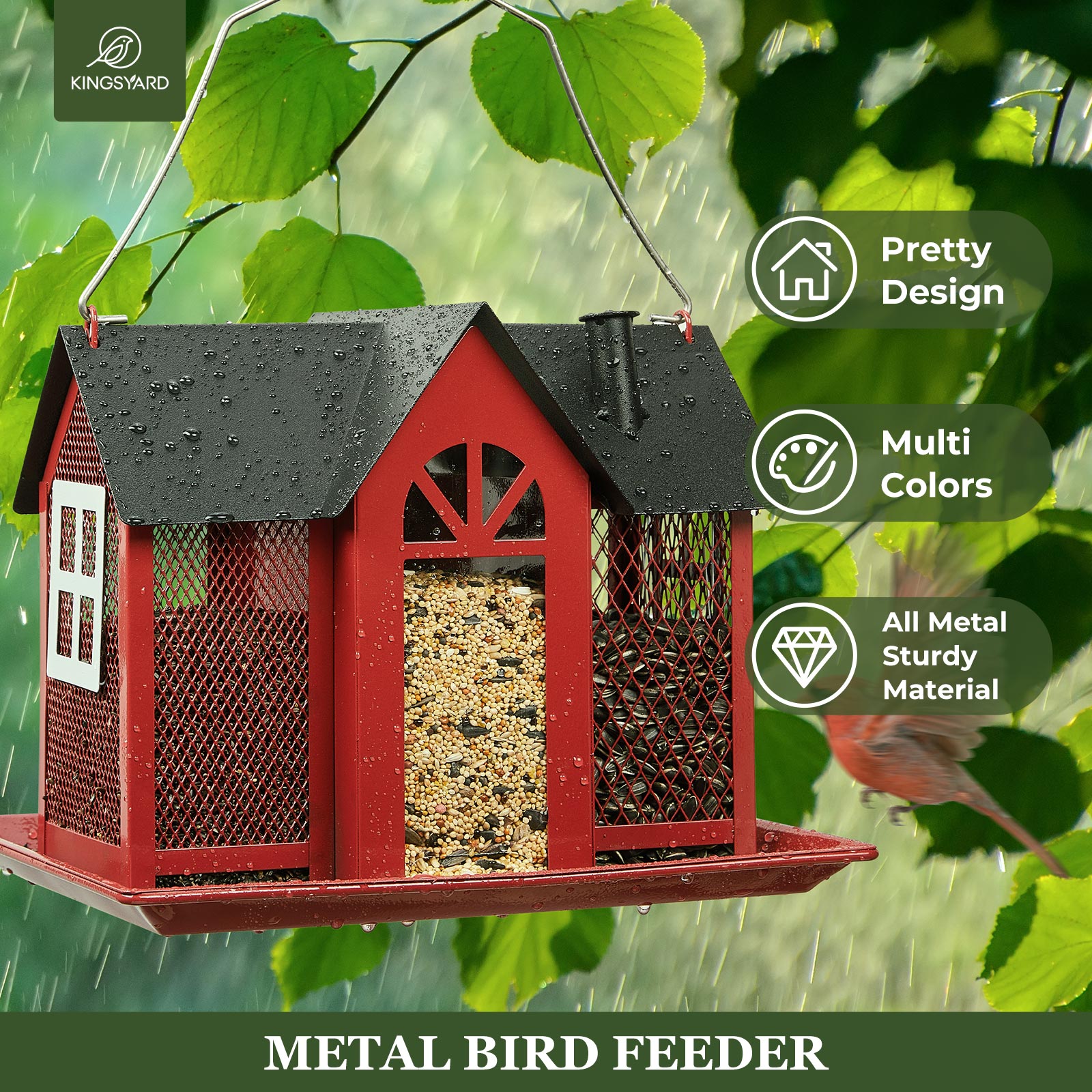 Kingsyard Metal Bird Feeder House, Triple Feeders, Red photo 5